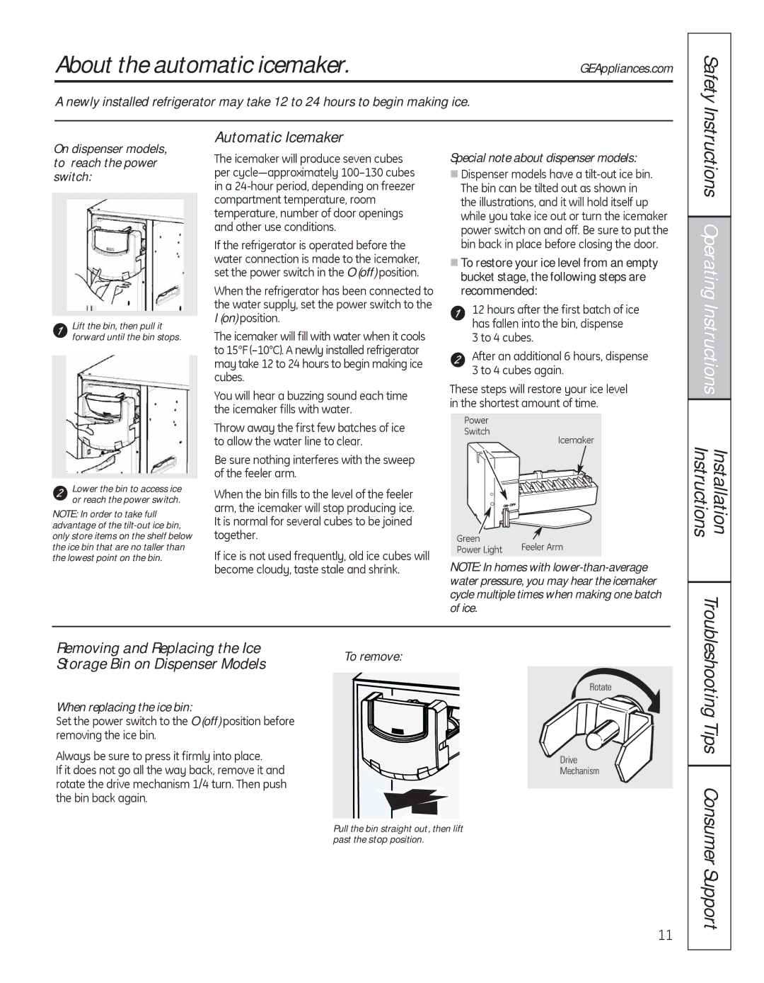 GE 200D8074P039 About the automatic icemaker, Automatic Icemaker, Troubleshooting Tips Consumer Support 