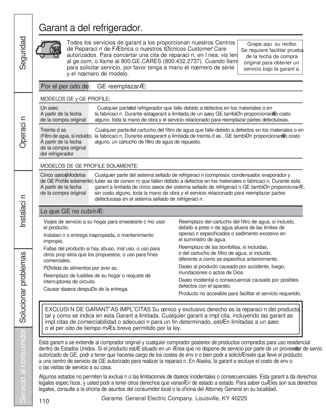 GE 200D8074P039 Garantía del refrigerador, Solucionar problemas, GE reemplazará, Lo que GE no cubrirá 