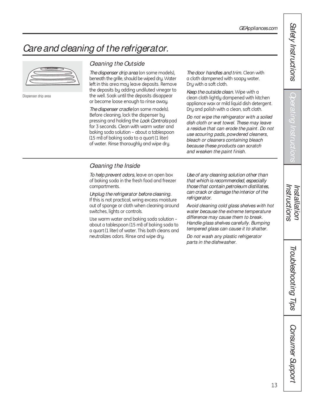 GE 200D8074P039 Care and cleaning of the refrigerator, Troubleshooting Tips Consumer Support, Cleaning the Outside 