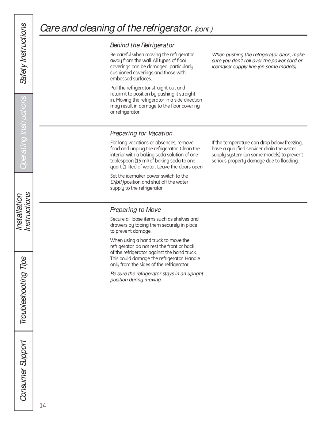 GE 200D8074P039 Care and cleaning of the refrigerator, Instructions, Behind the Refrigerator, Preparing for Vacation 