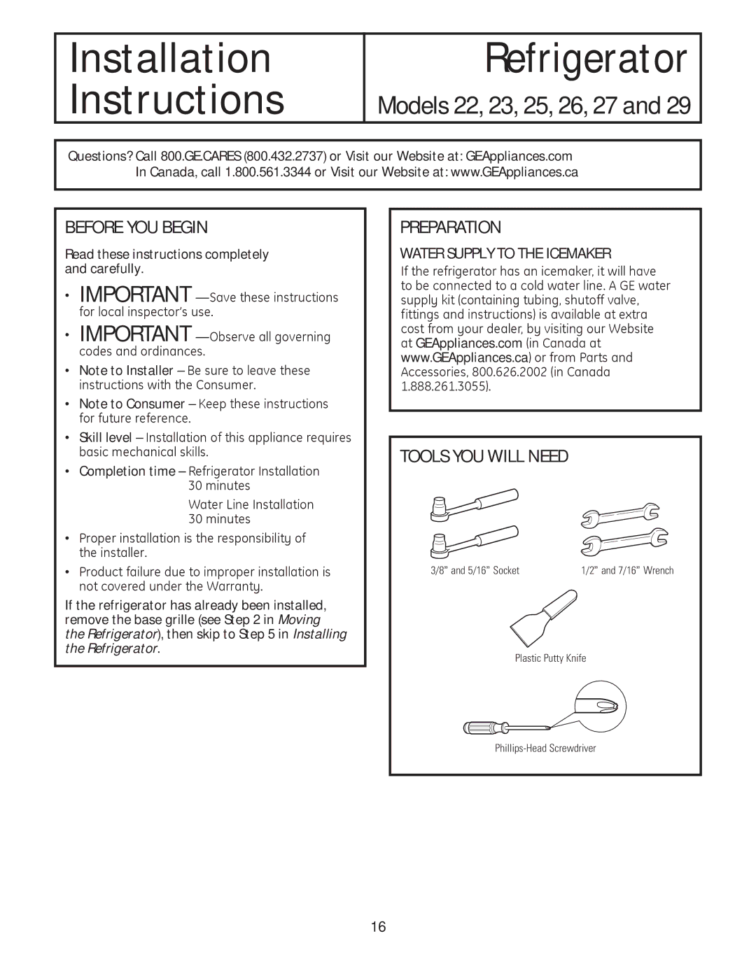 GE 200D8074P039 operating instructions Before YOU Begin, Preparation, Tools YOU will Need 