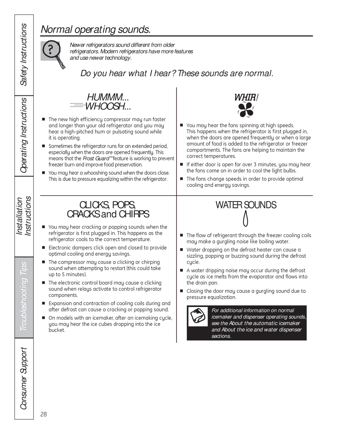 GE 200D8074P039 operating instructions Normal operating sounds, Operating Instructions Safety Instructions 