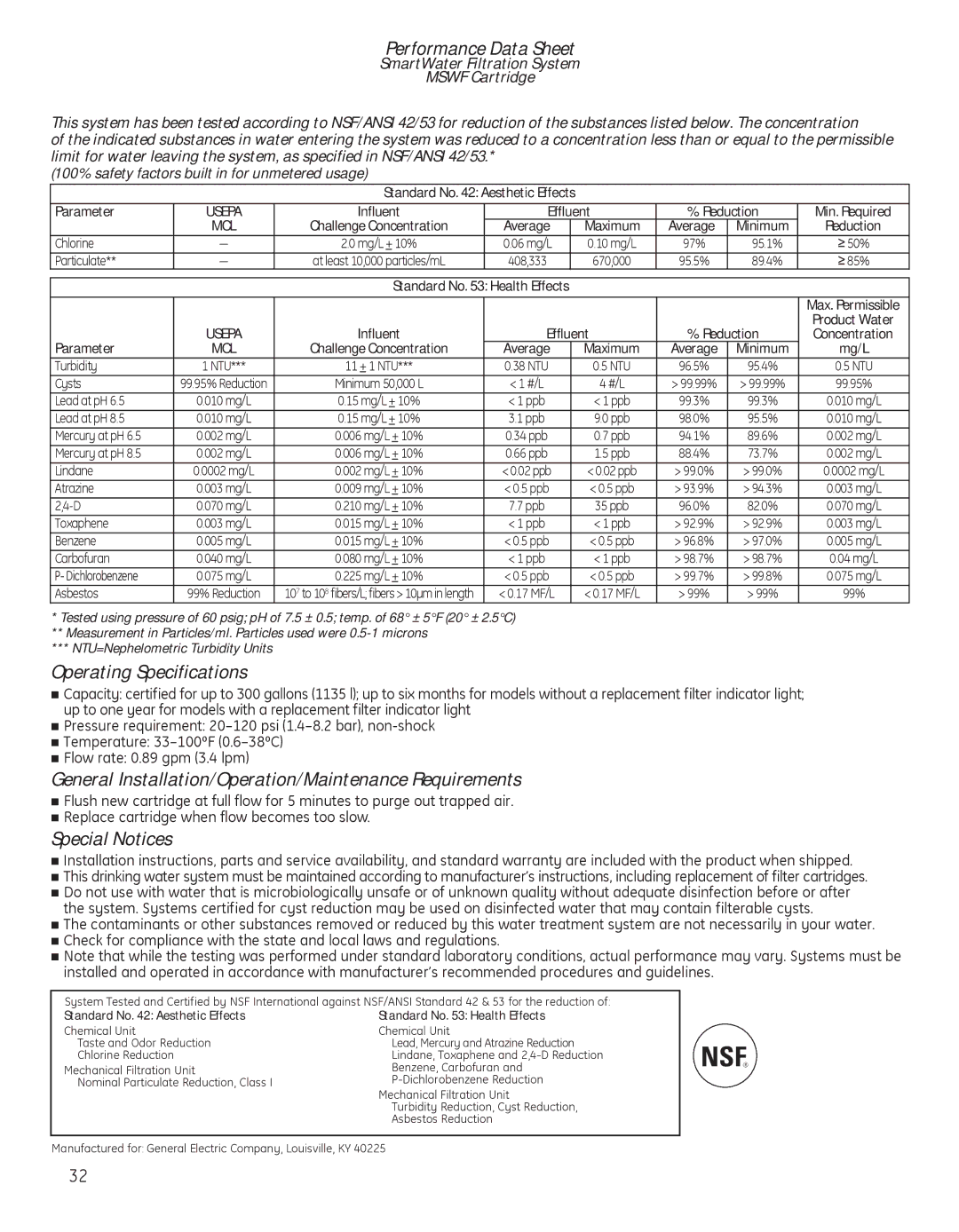 GE 200D8074P039 Performance Data Sheet, Operating Specifications, General Installation/Operation/Maintenance Requirements 