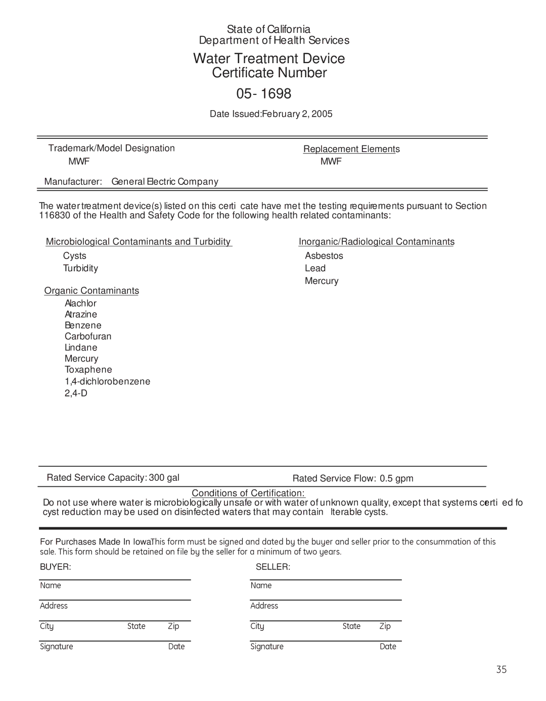 GE 200D8074P039 operating instructions Certificate Number, Name Address City State Zip SignatureDate 