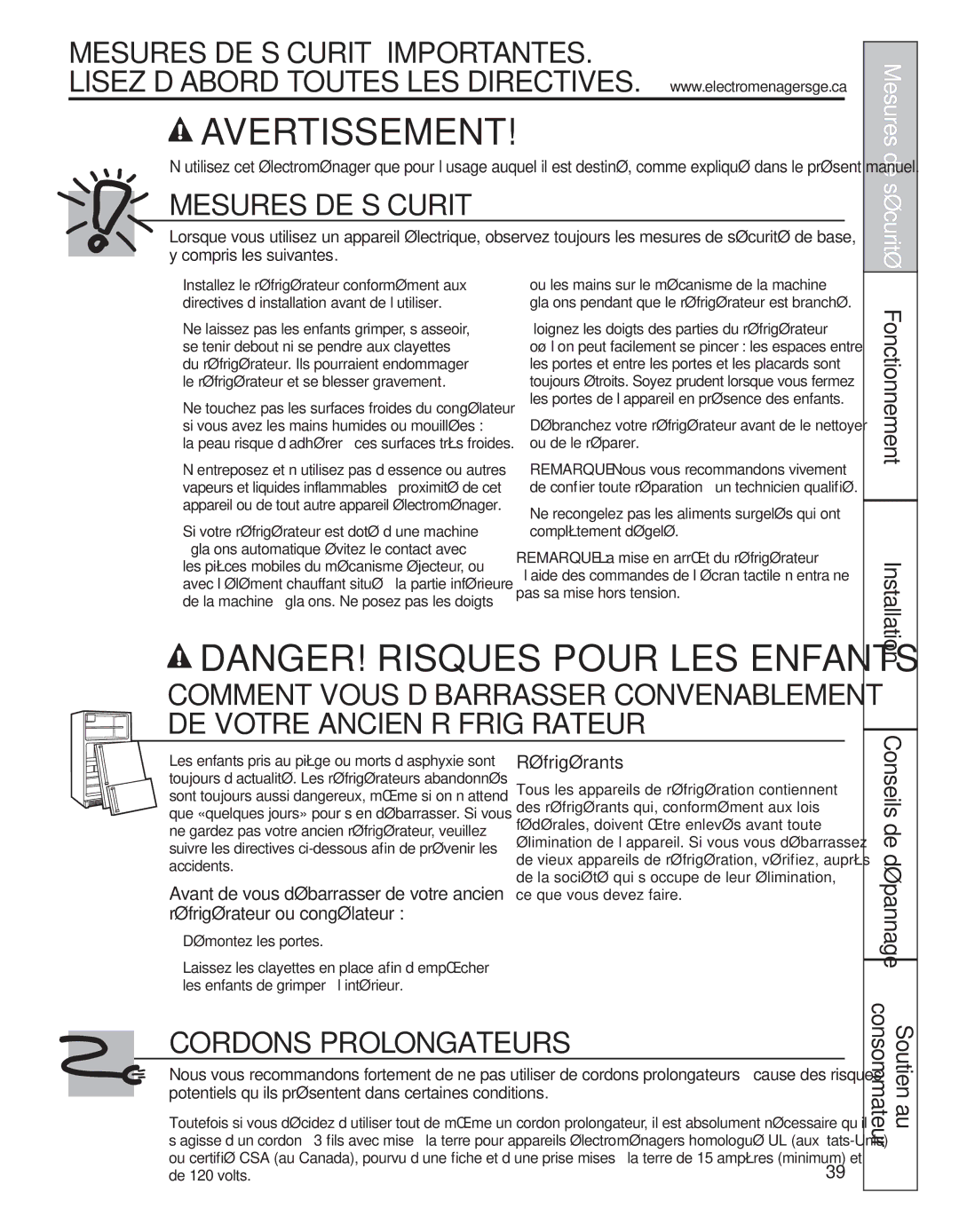 GE 200D8074P039 operating instructions Fonctionnement, Réfrigérants 