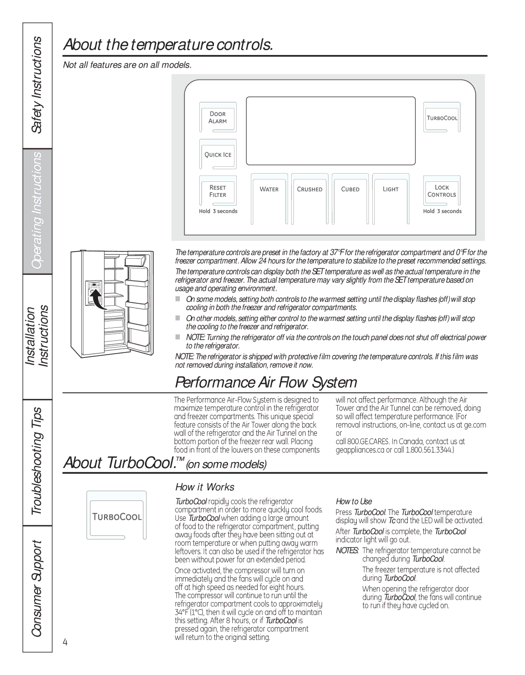 GE 200D8074P039 About the temperature controls, About TurboCool. on some models, Consumer Support, How it Works 