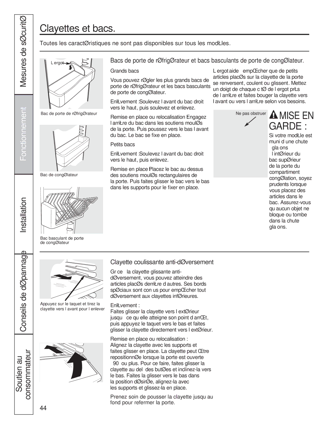 GE 200D8074P039 operating instructions Clayettes et bacs, De sécurité, Clayette coulissante anti-déversement 