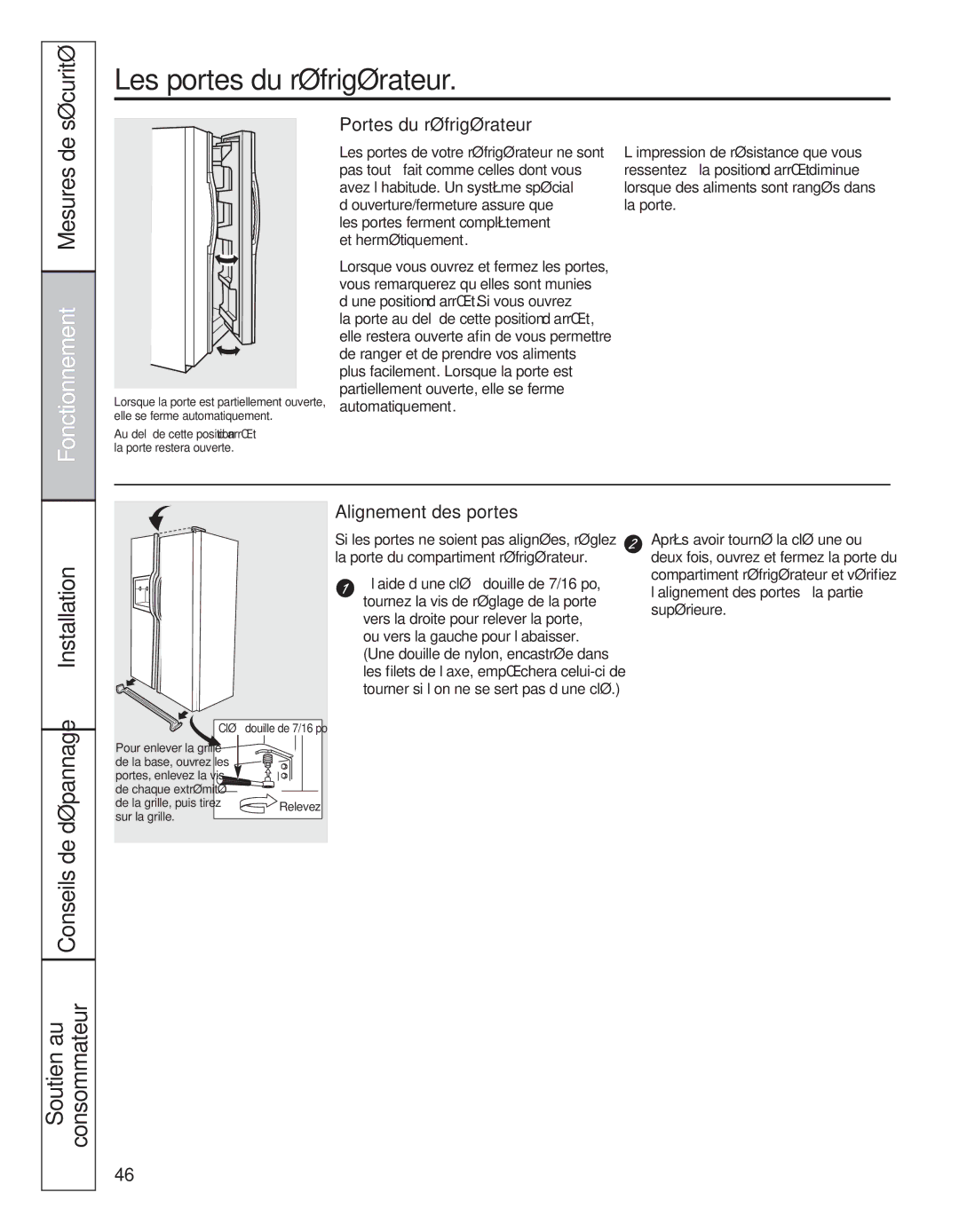 GE 200D8074P039 operating instructions Les portes du réfrigérateur, Portes du réfrigérateur, Alignement des portes 