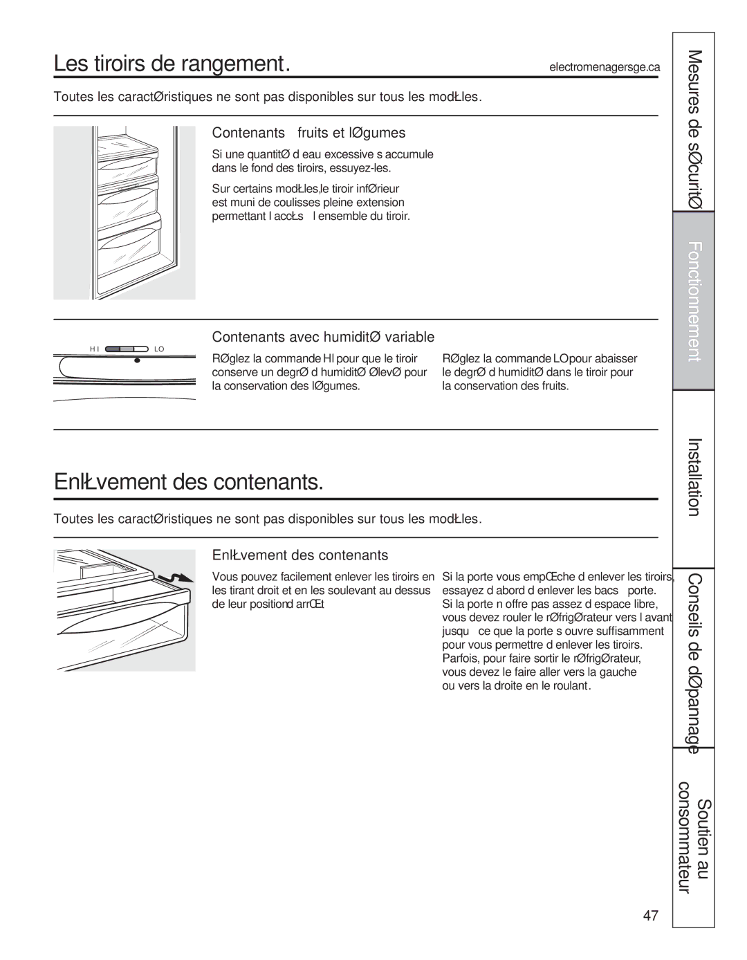 GE 200D8074P039 operating instructions Les tiroirs de rangement, Enlèvement des contenants, Contenants à fruits et légumes 