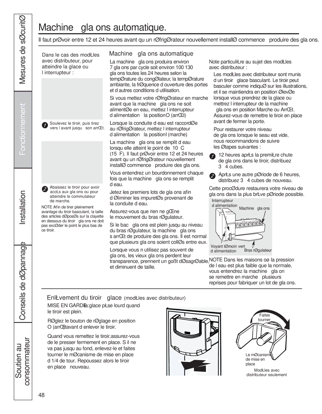 GE 200D8074P039 Machine à glaçons automatique, Installation De dépannage, Quand vous remettez le tiroir, assurez-vous 