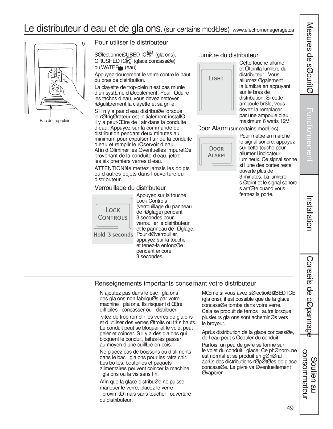 GE 200D8074P039 operating instructions Pour utiliser le distributeur, Verrouillage du distributeur, Lumière du distributeur 