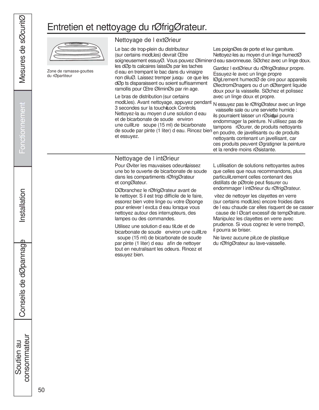 GE 200D8074P039 Entretien et nettoyage du réfrigérateur, Nettoyage de l’extérieur, Nettoyage de l’intérieur 