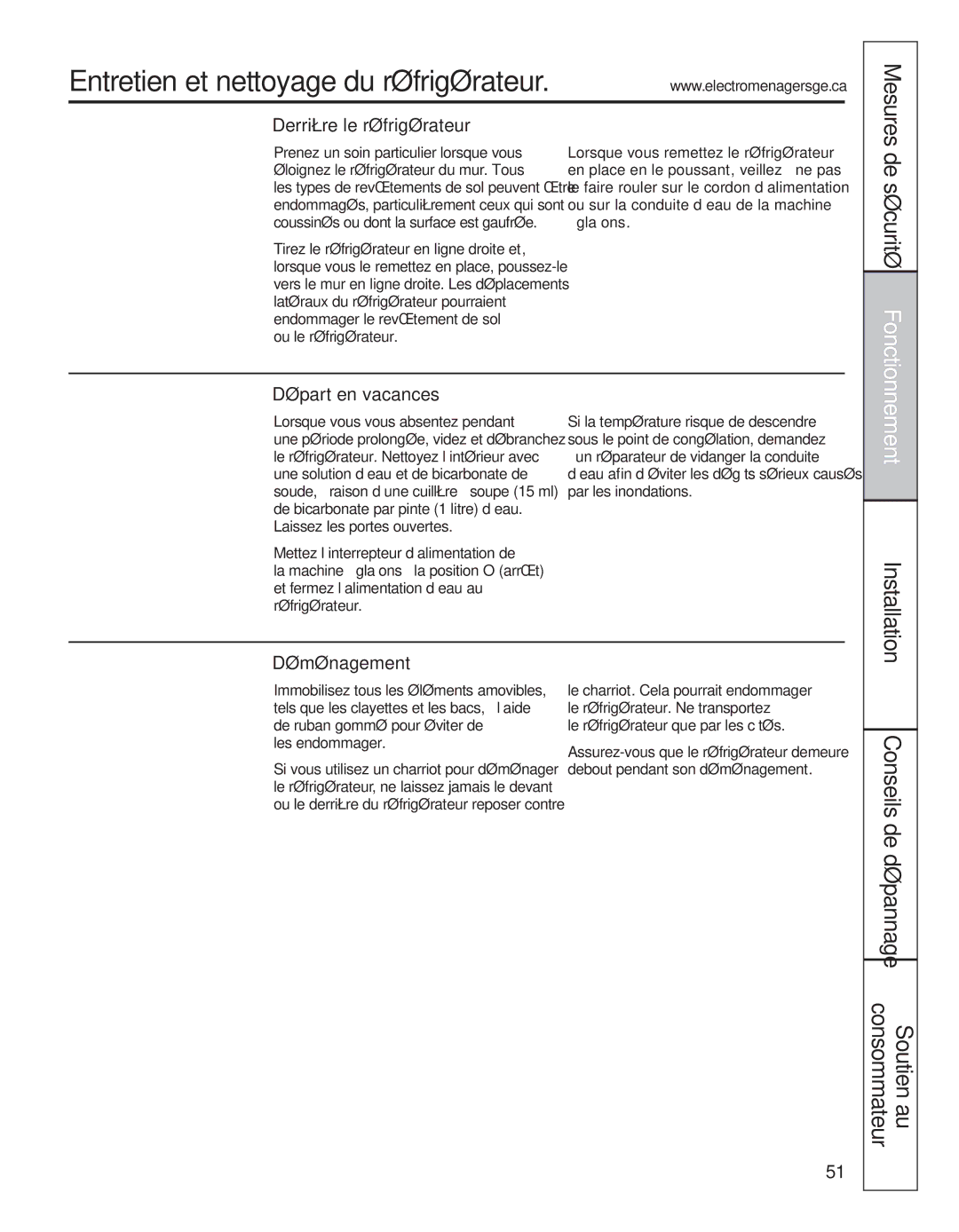 GE 200D8074P039 operating instructions Derrière le réfrigérateur, Départ en vacances, Déménagement, Installation 