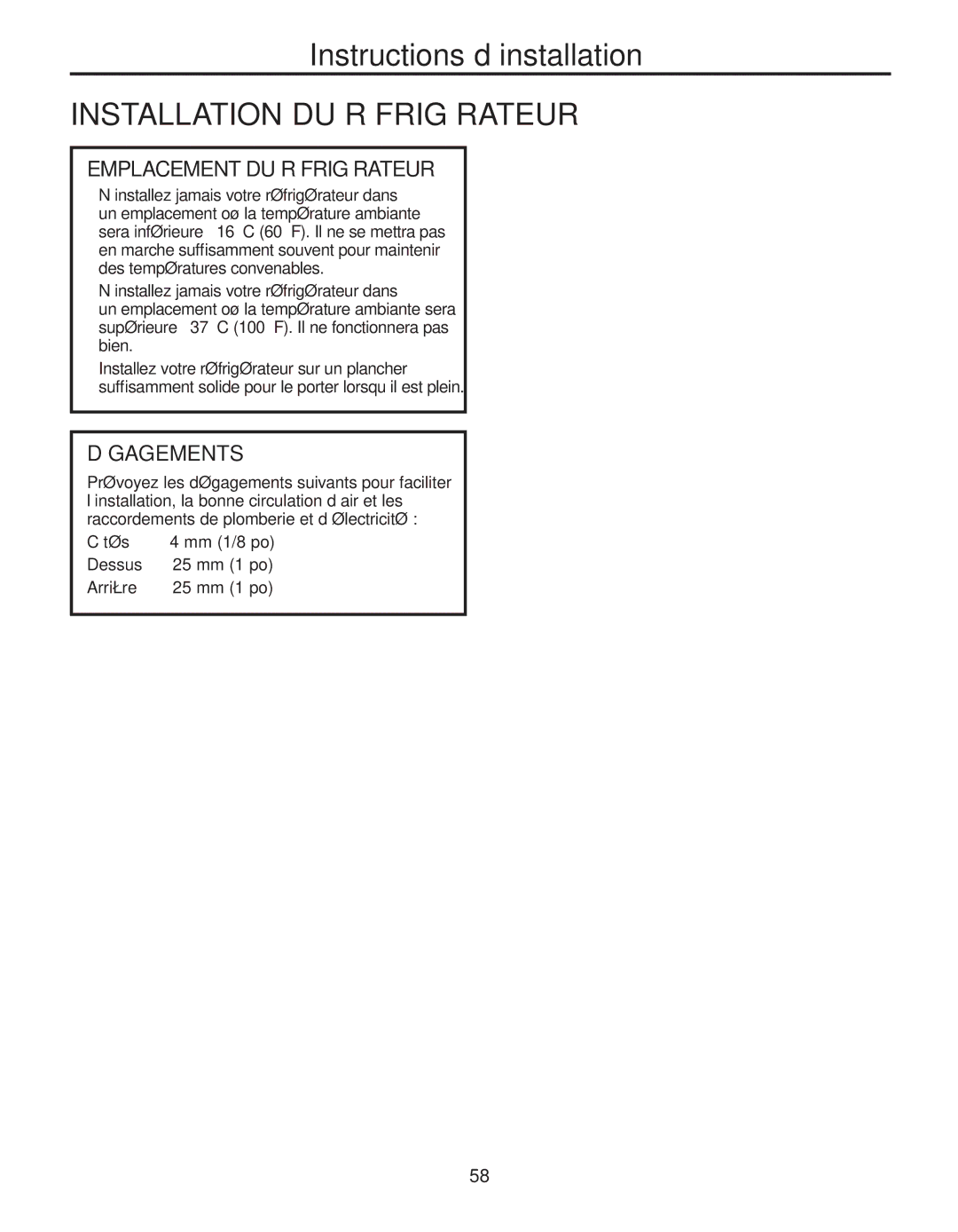 GE 200D8074P039 operating instructions Installation DU Réfrigérateur, Emplacement DU Réfrigérateur, Dégagements 