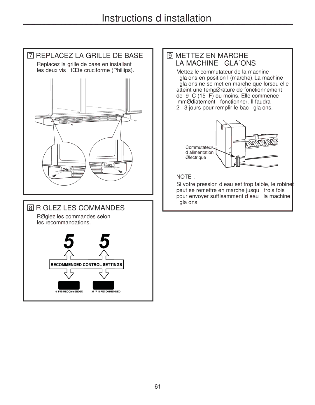 GE 200D8074P039 Replacez LA Grille DE Base, Réglez LES Commandes, Mettez EN Marche LA Machine À Glaçons 