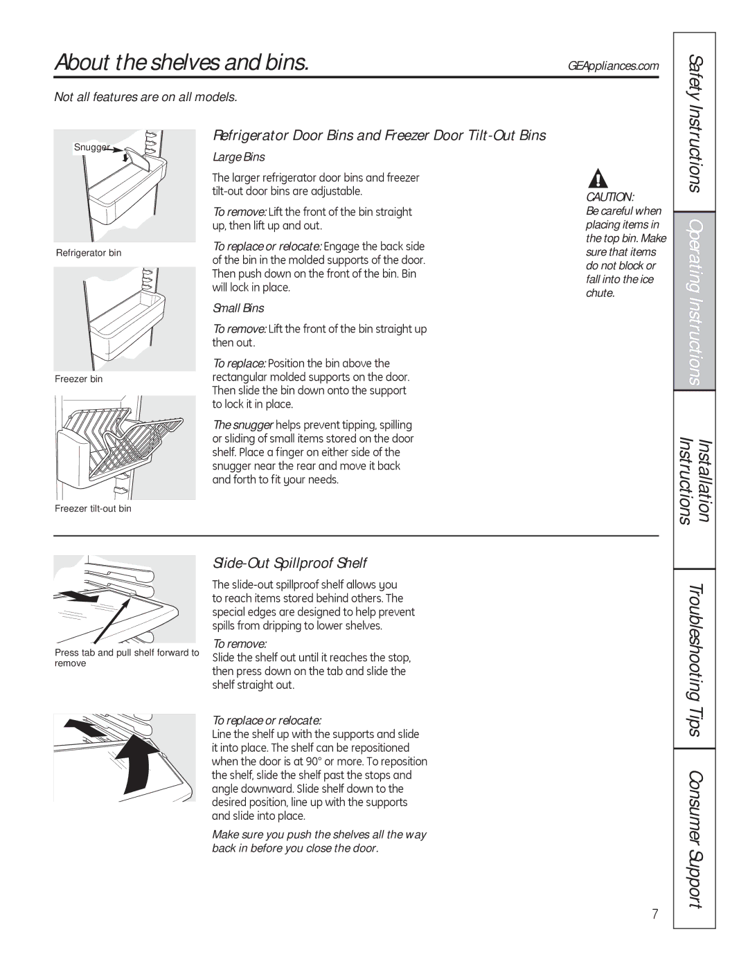 GE 200D8074P039 About the shelves and bins, Safety, Refrigerator Door Bins and Freezer Door Tilt-Out Bins 