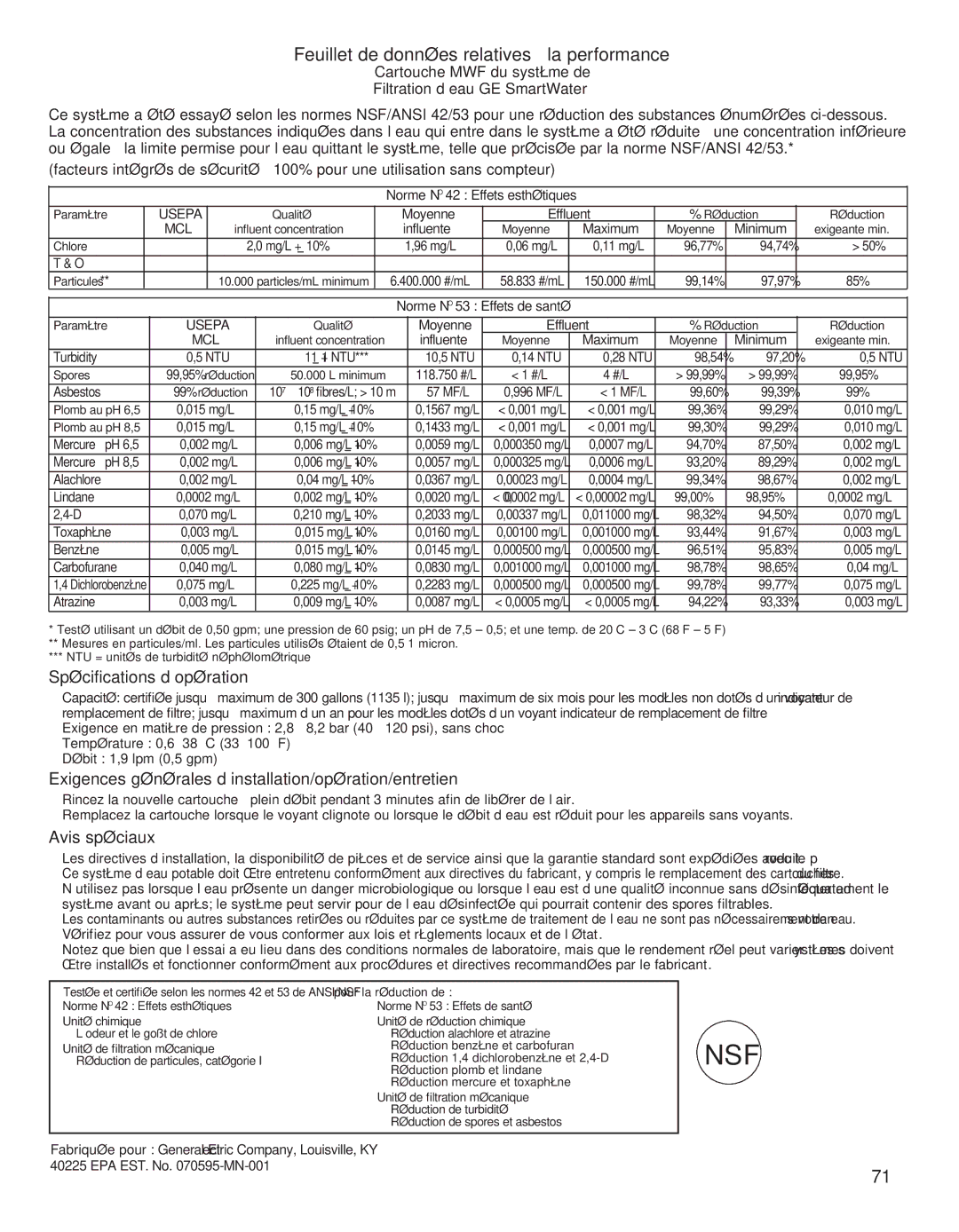 GE 200D8074P039 operating instructions Cartouche MWF du système de Filtration d’eau GE SmartWater 