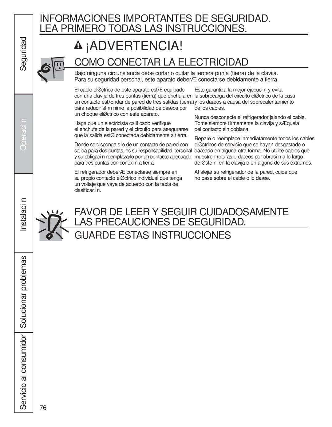 GE 200D8074P039 Seguridad, El cable eléctrico de este aparato está equipado, Haga que un electricista calificado verifique 