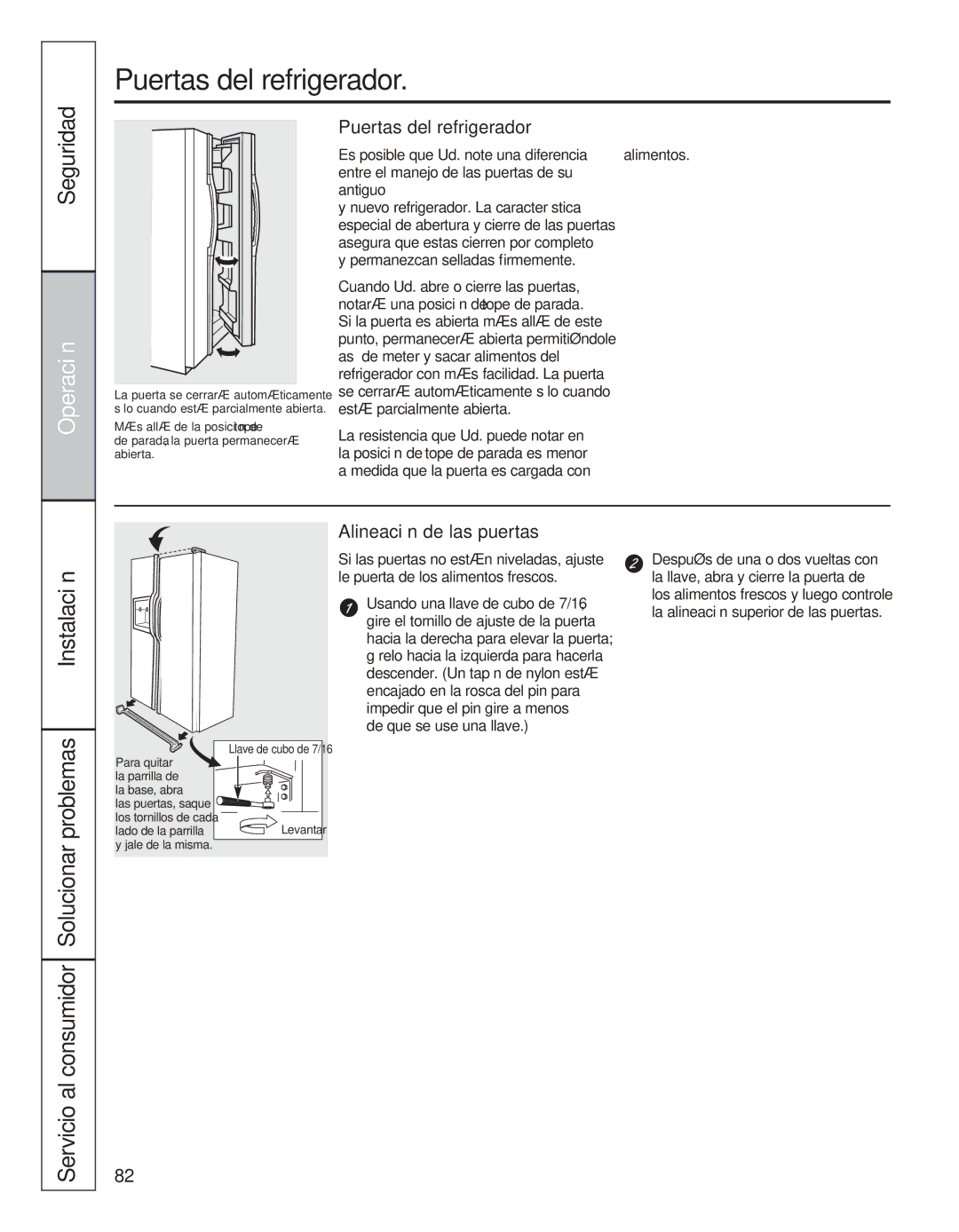 GE 200D8074P039 operating instructions Puertas del refrigerador, Instalación Servicio al consumidor Solucionar problemas 