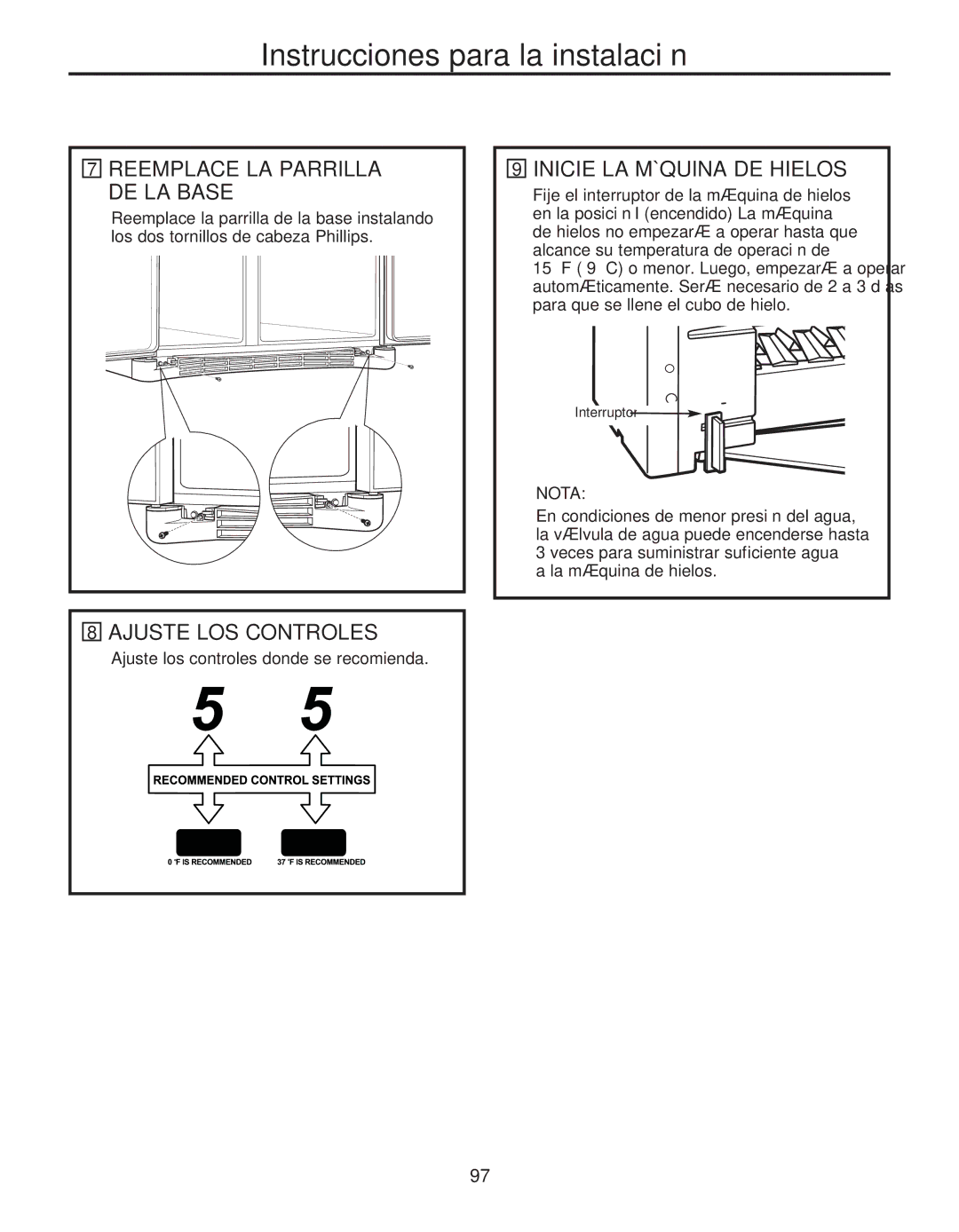 GE 200D8074P039 Ajuste LOS Controles, Inicie LA Máquina DE Hielos, Ajuste los controles donde se recomienda 