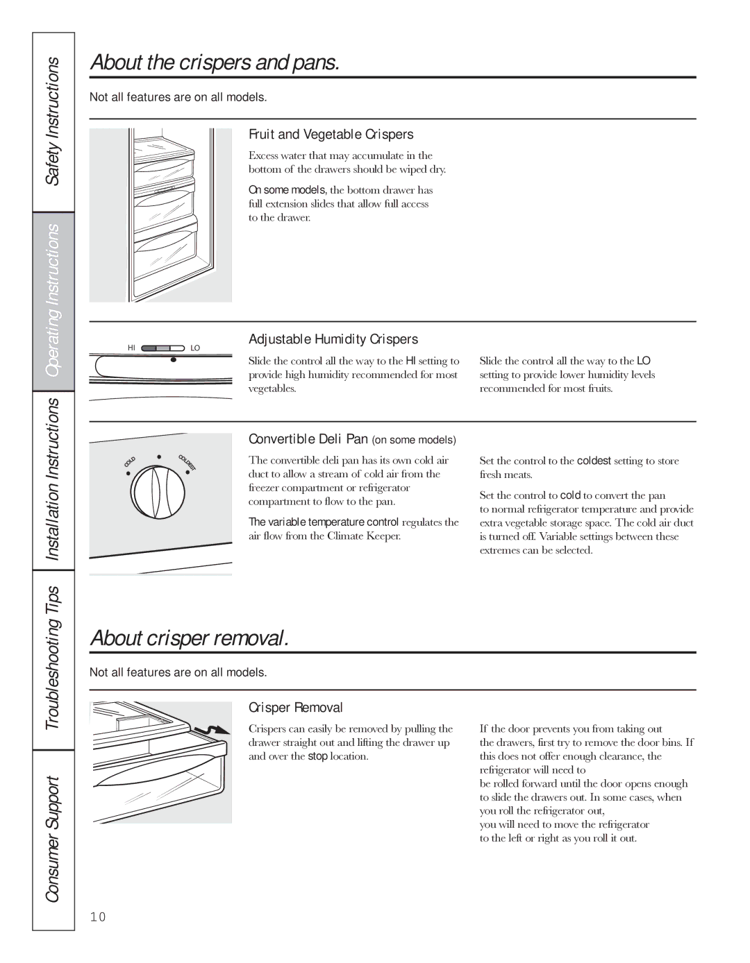 GE 200D8074P044 About the crispers and pans, About crisper removal, Fruit and Vegetable Crispers, Crisper Removal 