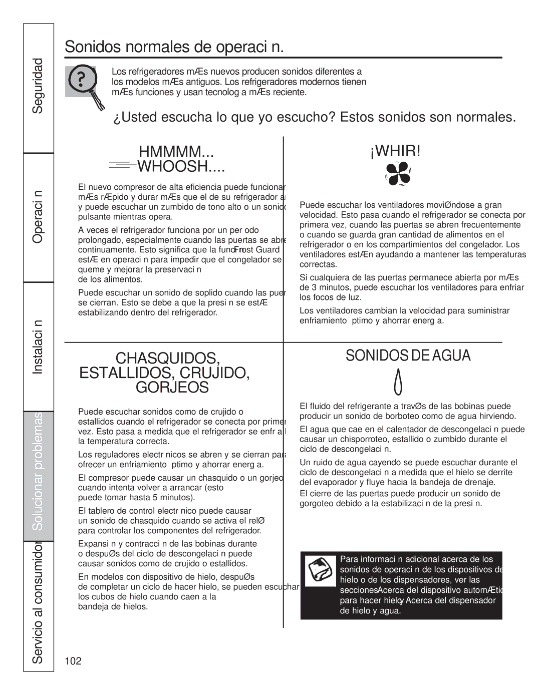 GE 200D8074P044 installation instructions Sonidos normales de operación 