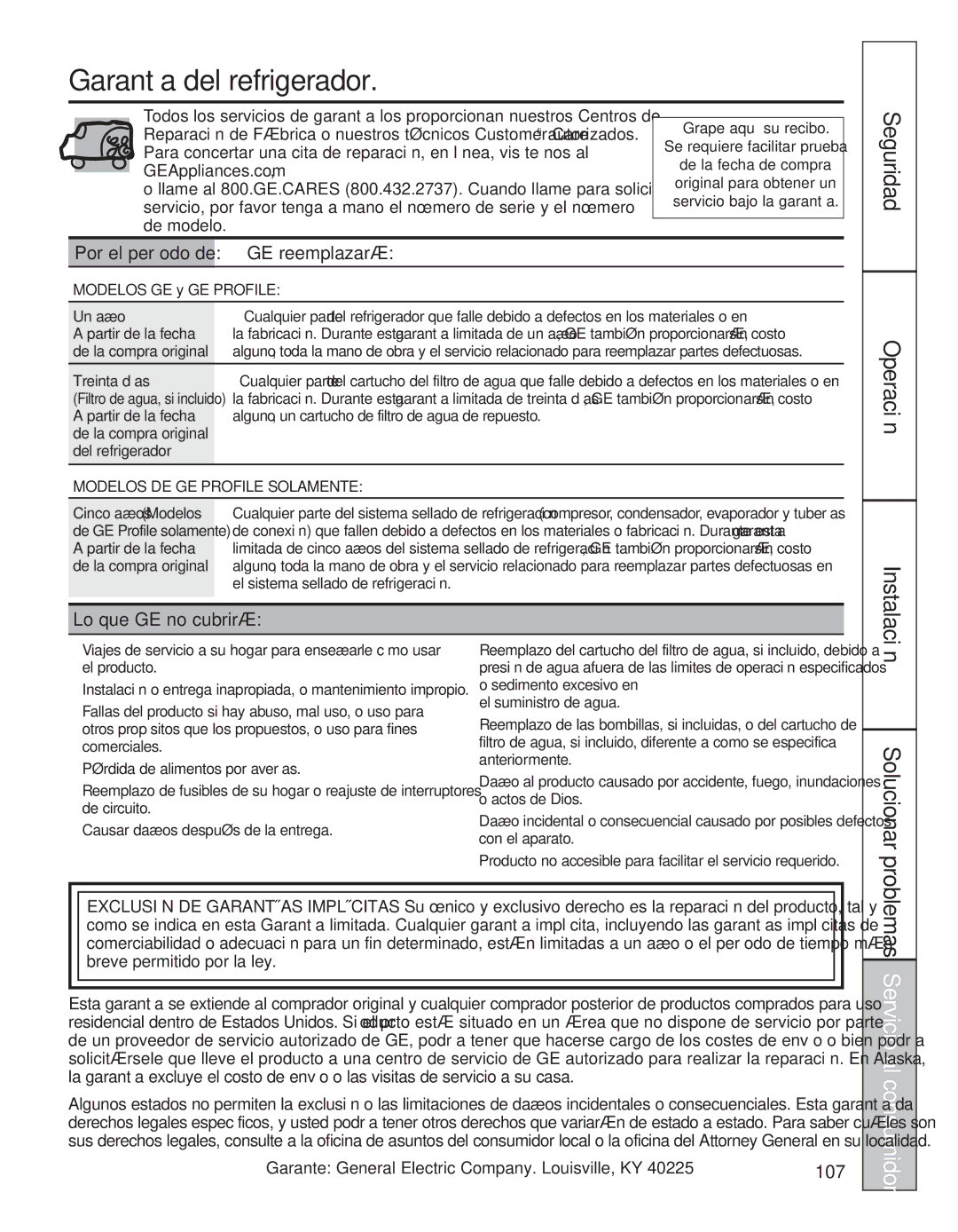 GE 200D8074P044 installation instructions Garantía del refrigerador, GE reemplazará, Lo que GE no cubrirá, 107 