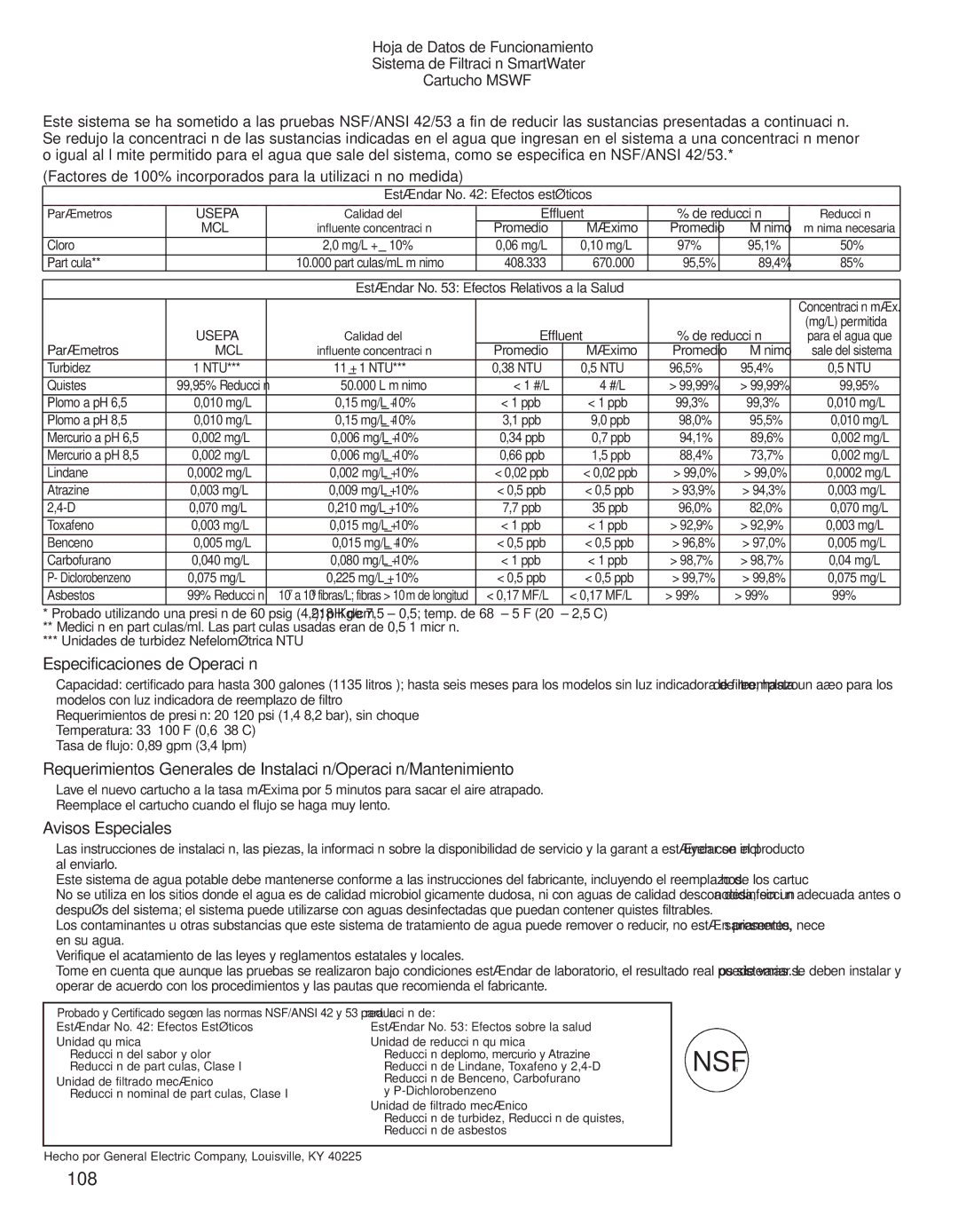 GE 200D8074P044 installation instructions Especificaciones de Operación, Avisos Especiales 