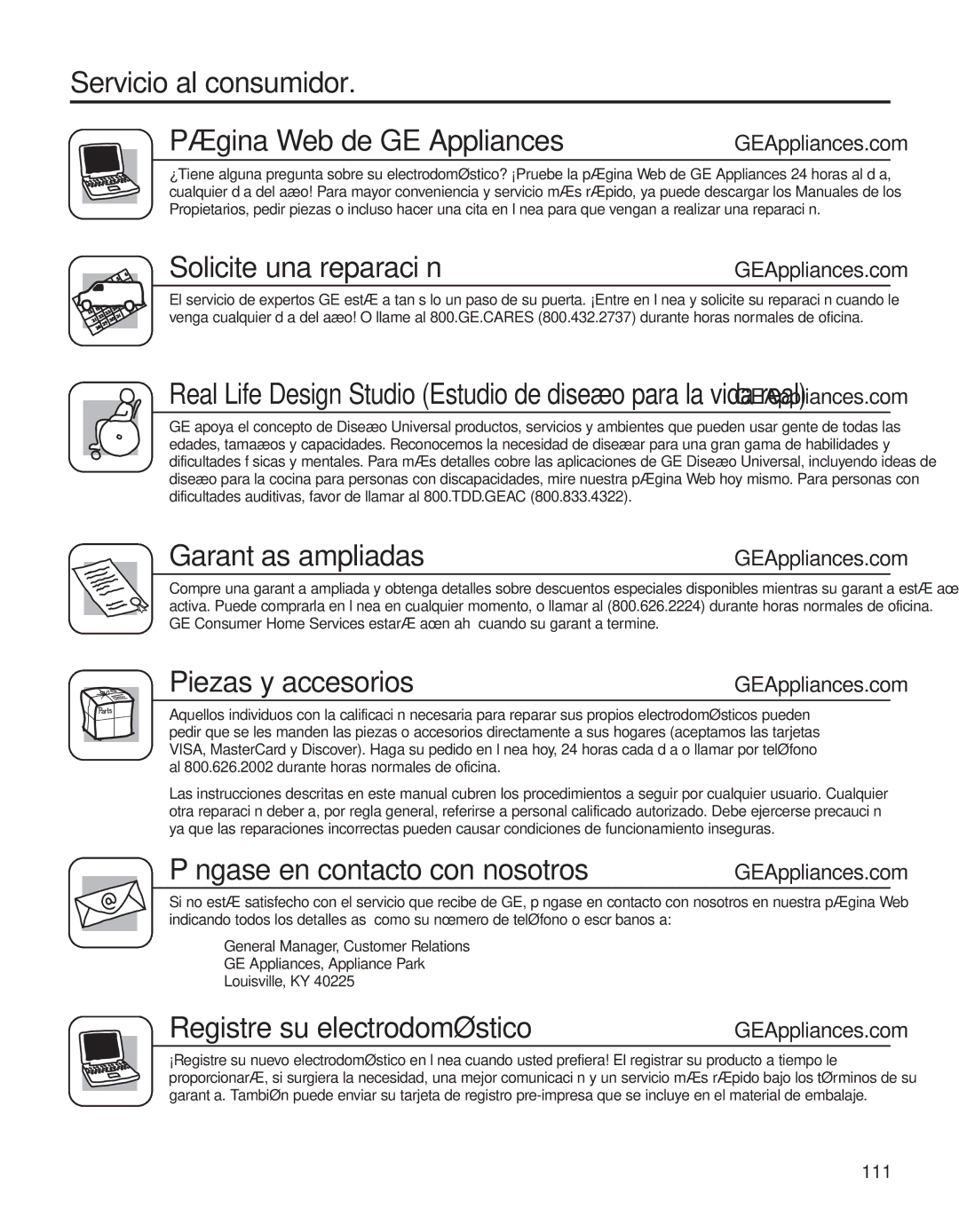 GE 200D8074P044 Servicio al consumidor Página Web de GE Appliances, Solicite una reparación, Garantías ampliadas 