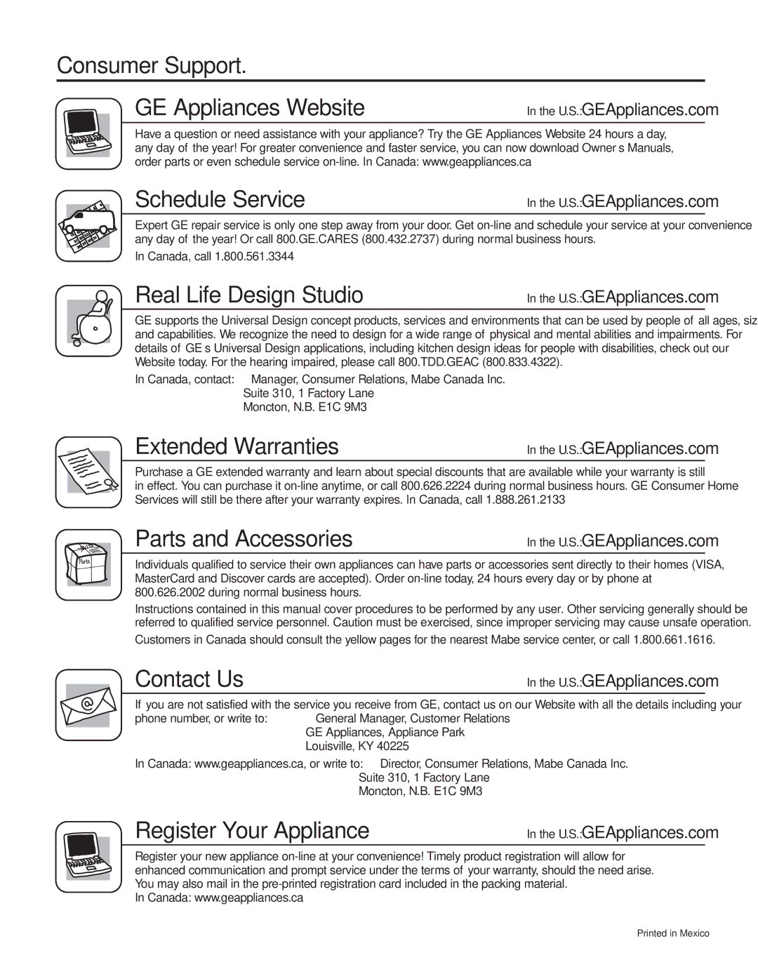 GE 200D8074P044 installation instructions Consumer Support, Canada, call 