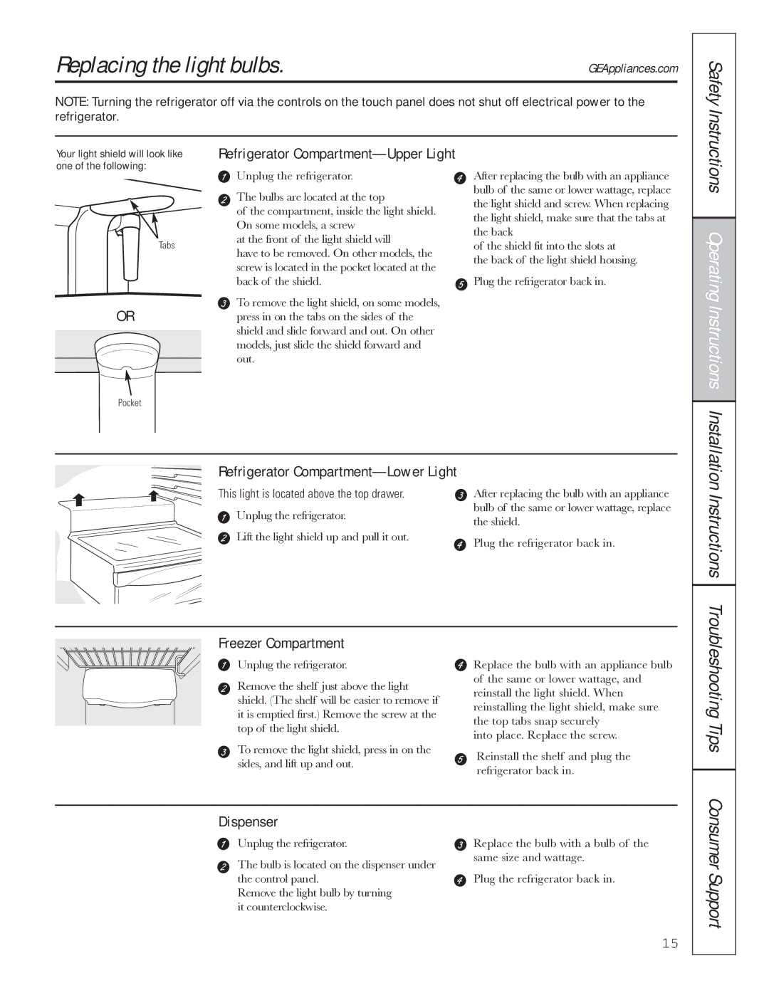 GE 200D8074P044 Replacing the light bulbs, Refrigerator Compartment-Upper Light, Refrigerator Compartment-Lower Light 