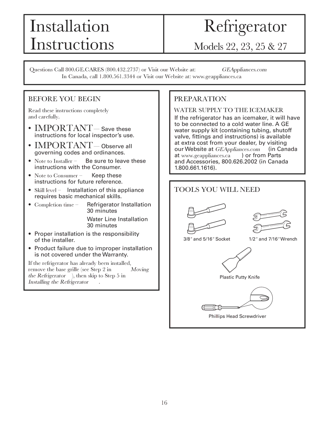 GE 200D8074P044 Before YOU Begin, Preparation, Tools YOU will Need, Read these instructions completely and carefully 