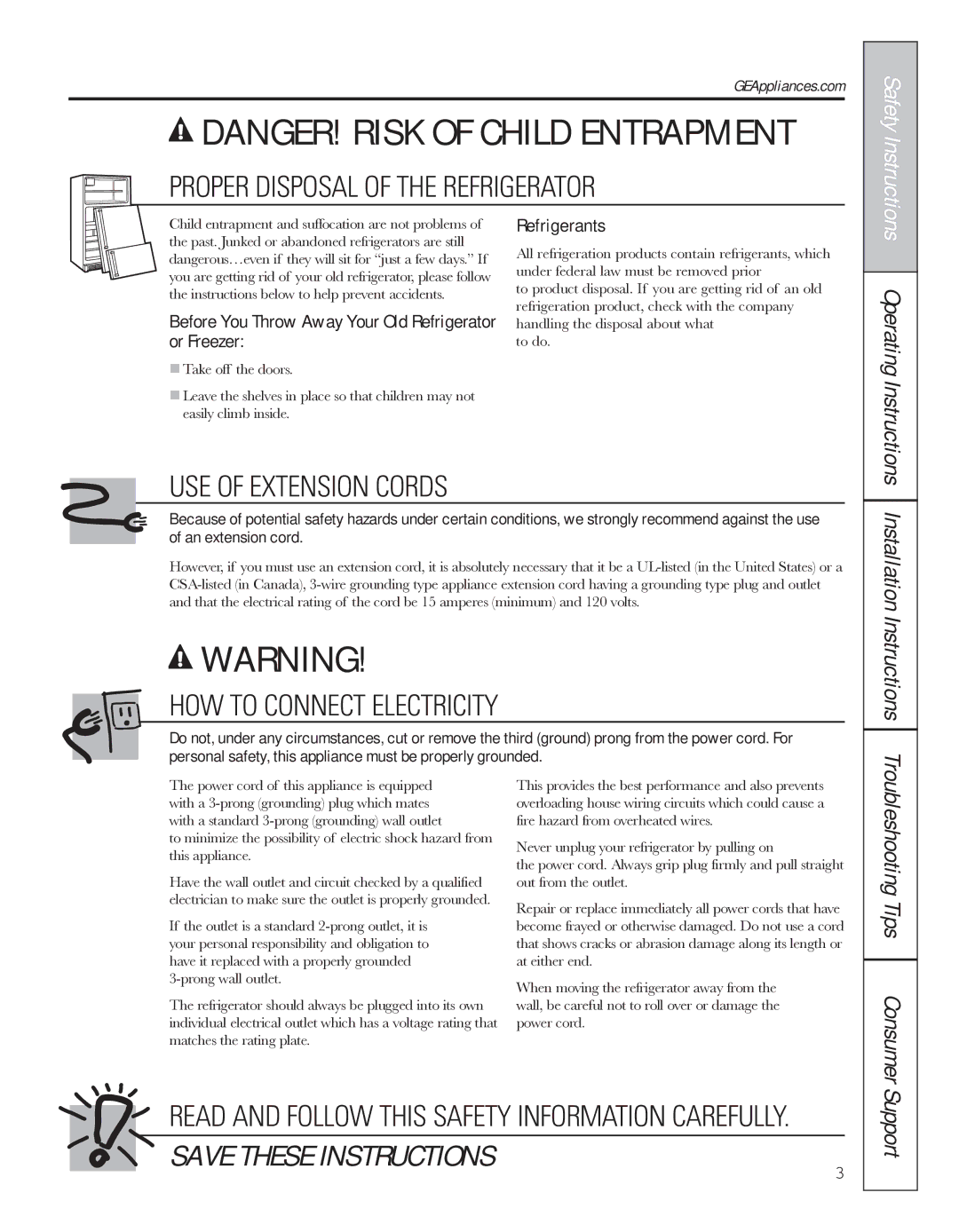 GE 200D8074P044 Installation Instructions, Support, Before You Throw Away Your Old Refrigerator or Freezer, Refrigerants 