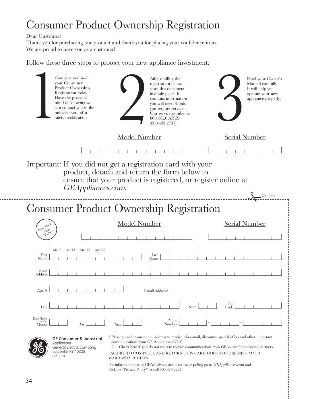 GE 200D8074P044 installation instructions Consumer Product Ownership Registration 