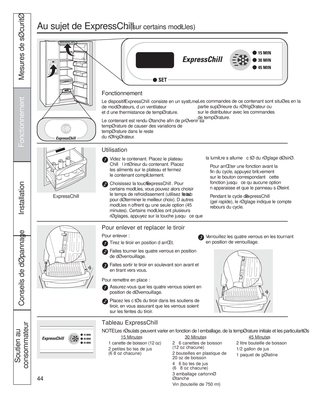 GE 200D8074P044 Au sujet de ExpressChill.sur certains modèles, Utilisation, Pour enlever et replacer le tiroir 