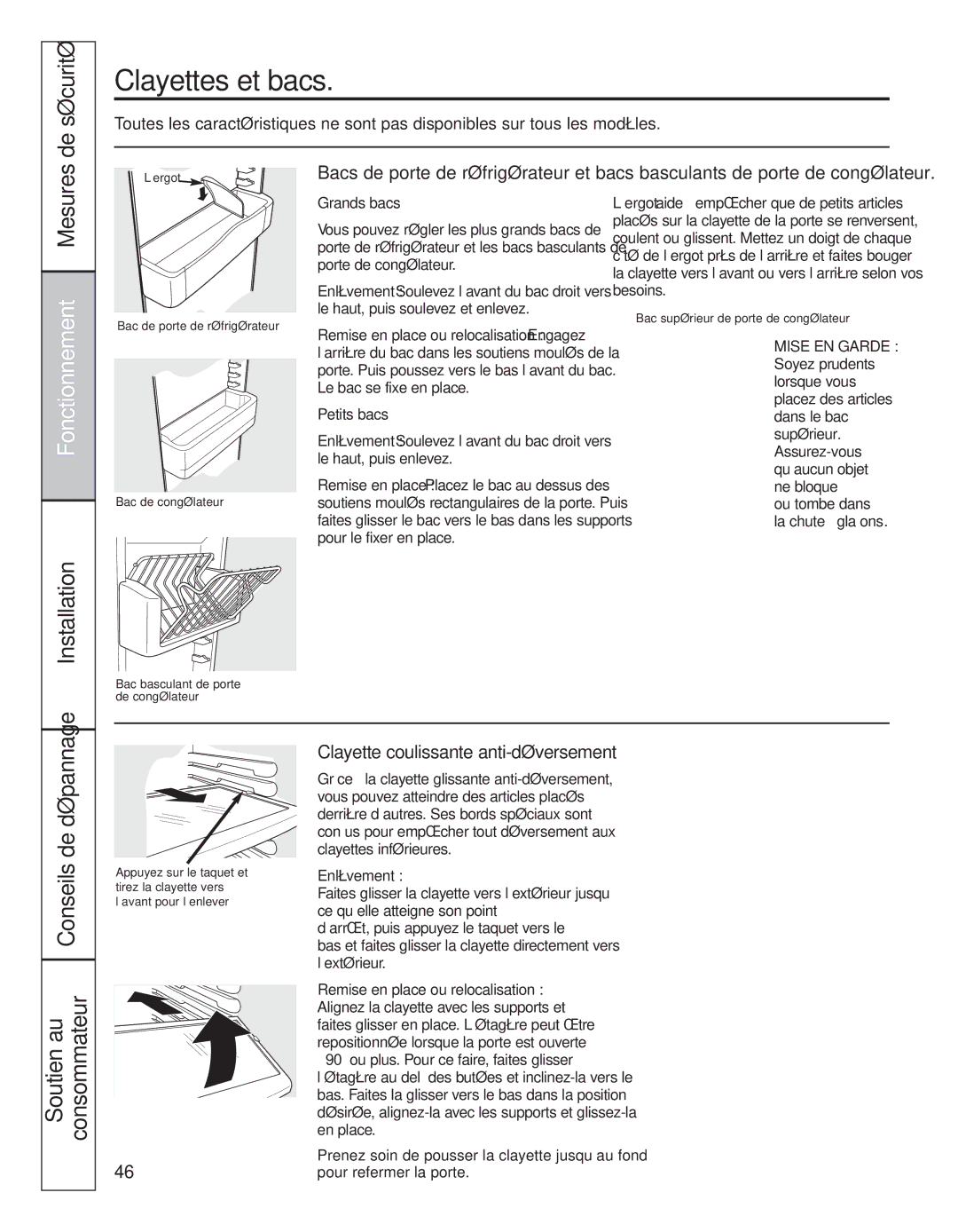 GE 200D8074P044 installation instructions Clayettes et bacs, Mesures, Conseils de dépannage Soutien au Consommateur 