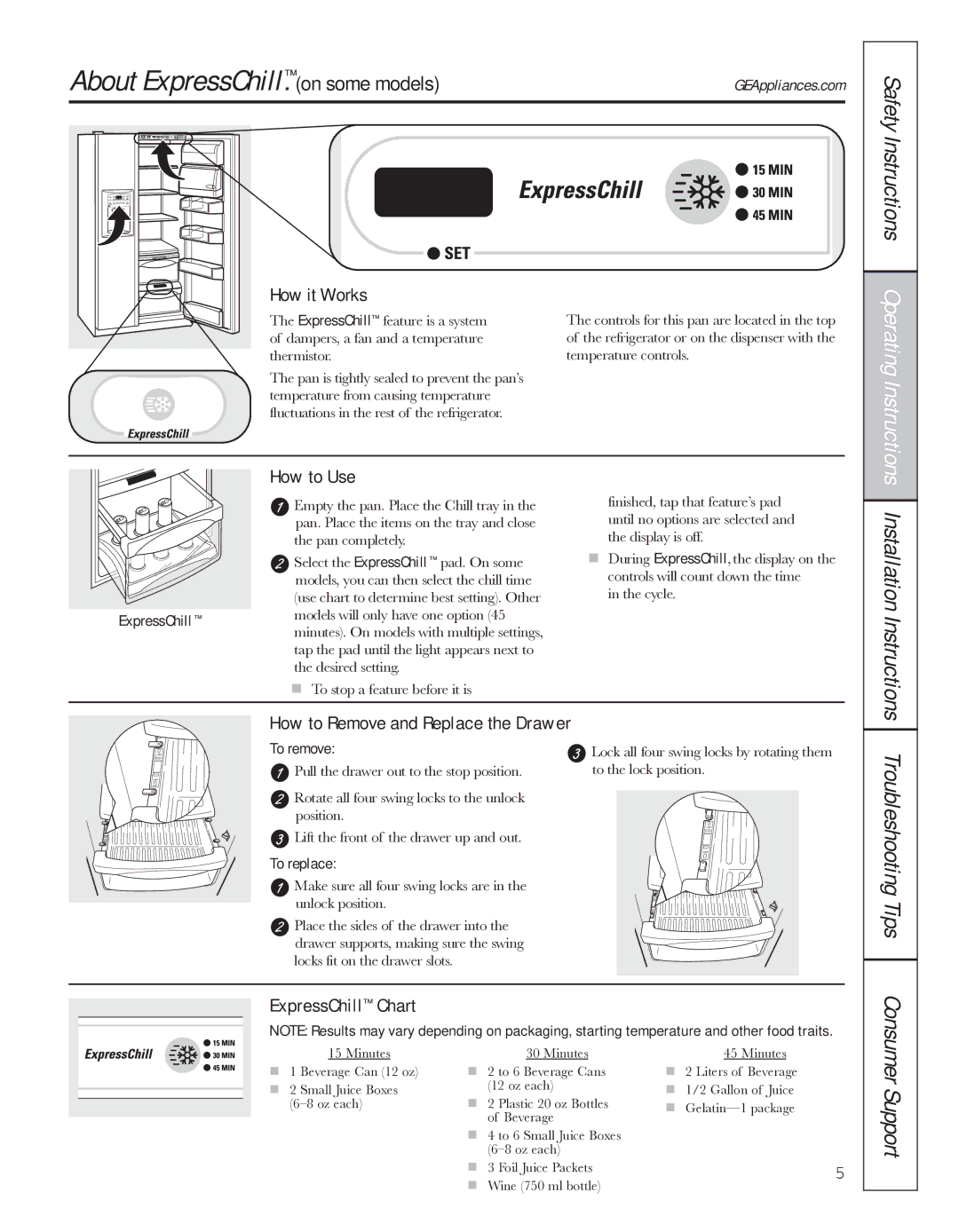 GE 200D8074P044 About ExpressChill.on some models, Safety Instructions, Installation Instructions Troubleshooting Tips 