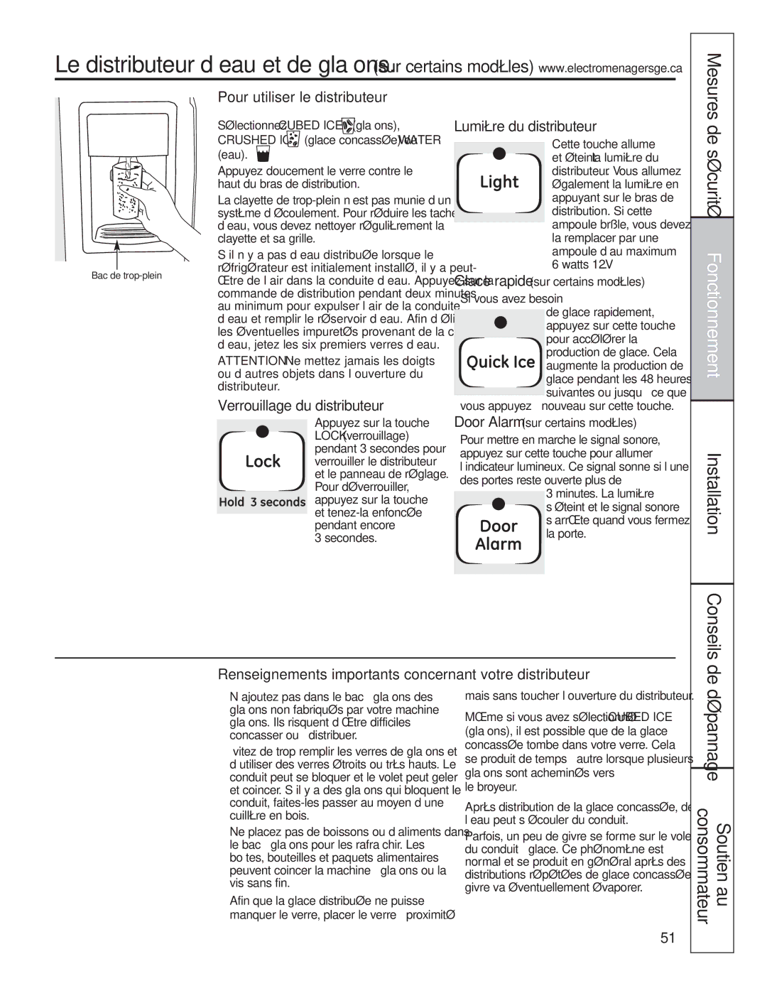 GE 200D8074P044 Pour utiliser le distributeur, Verrouillage du distributeur, Lumière du distributeur 