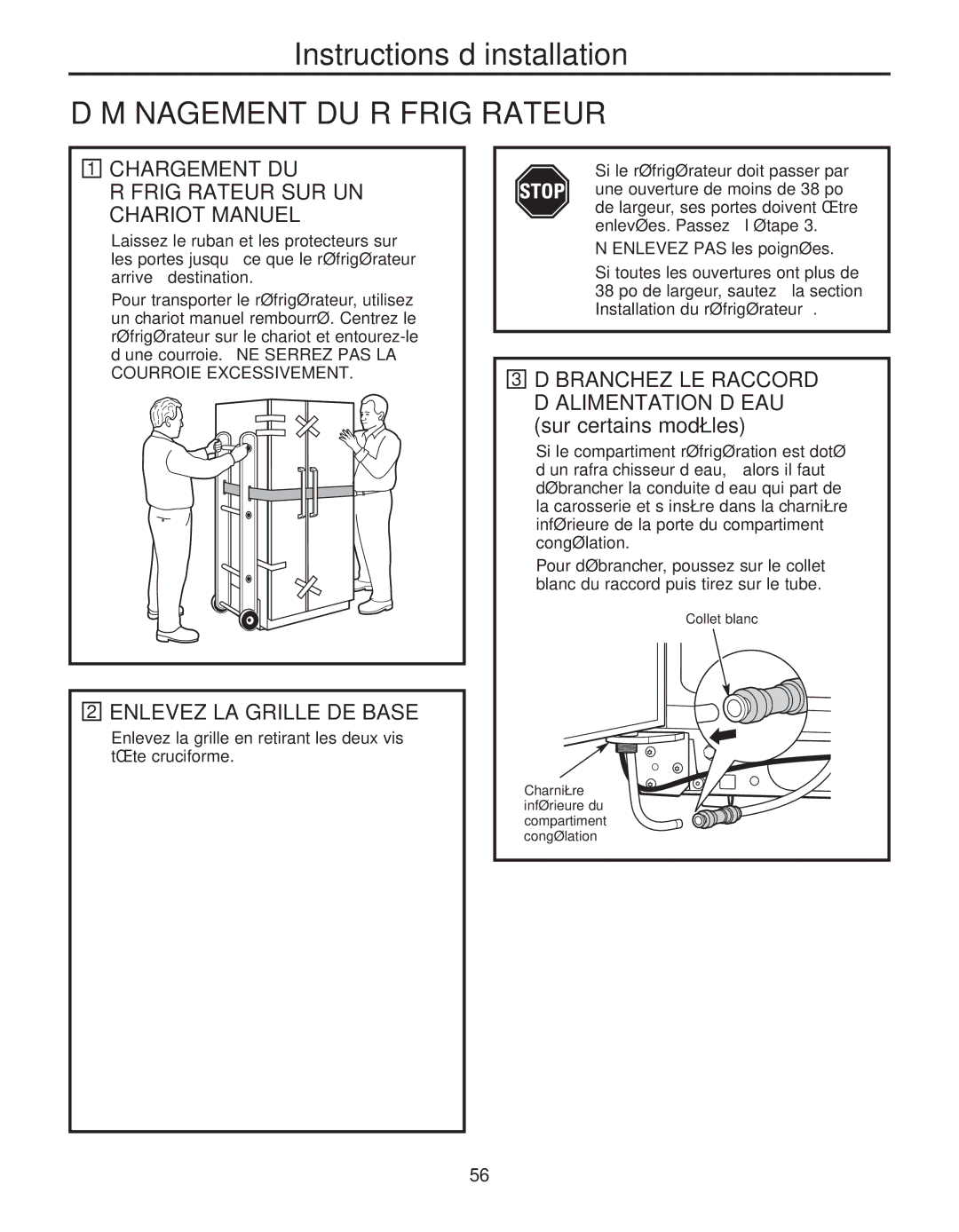 GE 200D8074P044 installation instructions Déménagement DU Réfrigérateur, Chargement DU Réfrigérateur SUR UN Chariot Manuel 