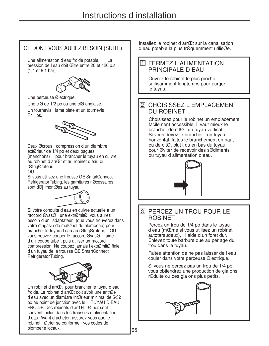 GE 200D8074P044 installation instructions Percez UN Trou Pour LE Robinet, Fermez L’ALIMENTATION Principale D’EAU 