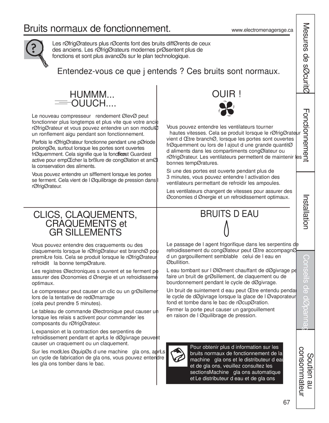 GE 200D8074P044 Bruits normaux de fonctionnement, Mesures de sécurité Fonctionnement Installation, Ouuch 