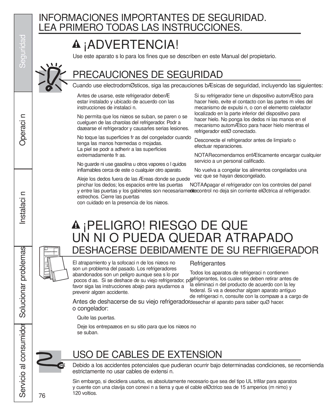 GE 200D8074P044 Operación Instalación, Servicio al, Antes de deshacerse de su viejo refrigerador o congelador 