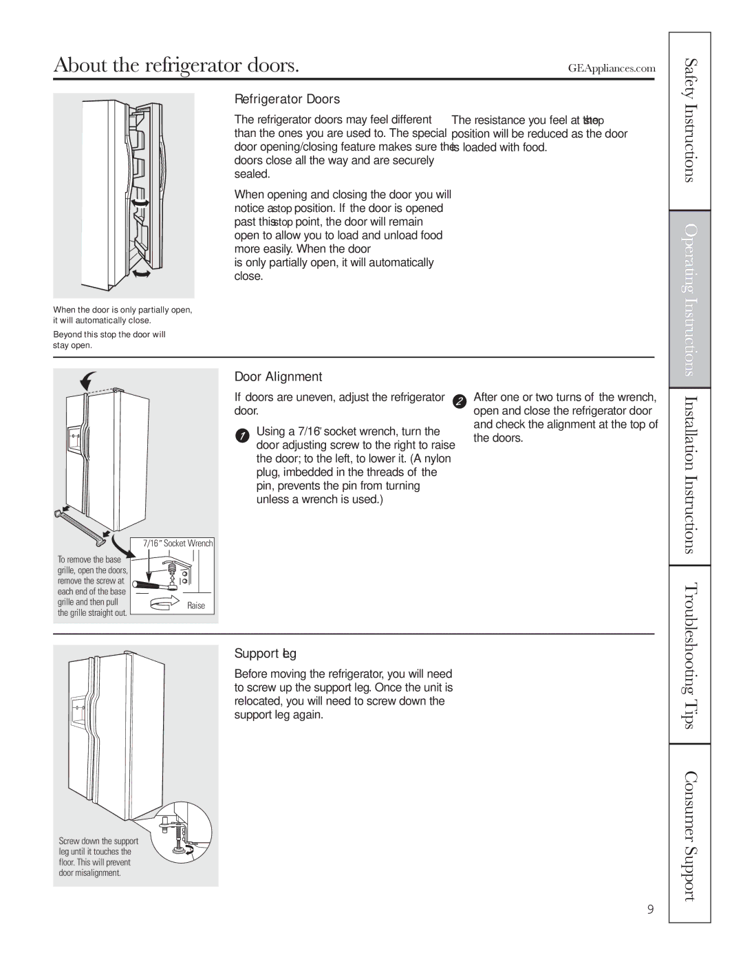 GE 200D8074P044 installation instructions About the refrigerator doors, Instructions Operating, Tips Consumer Support 