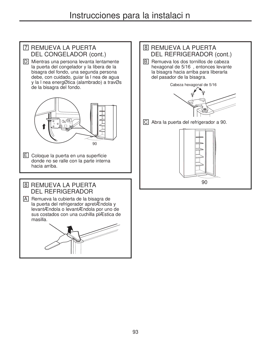 GE 200D8074P044 installation instructions Remueva LA Puerta DEL Refrigerador, Remueva LA Puerta DEL Congelador 