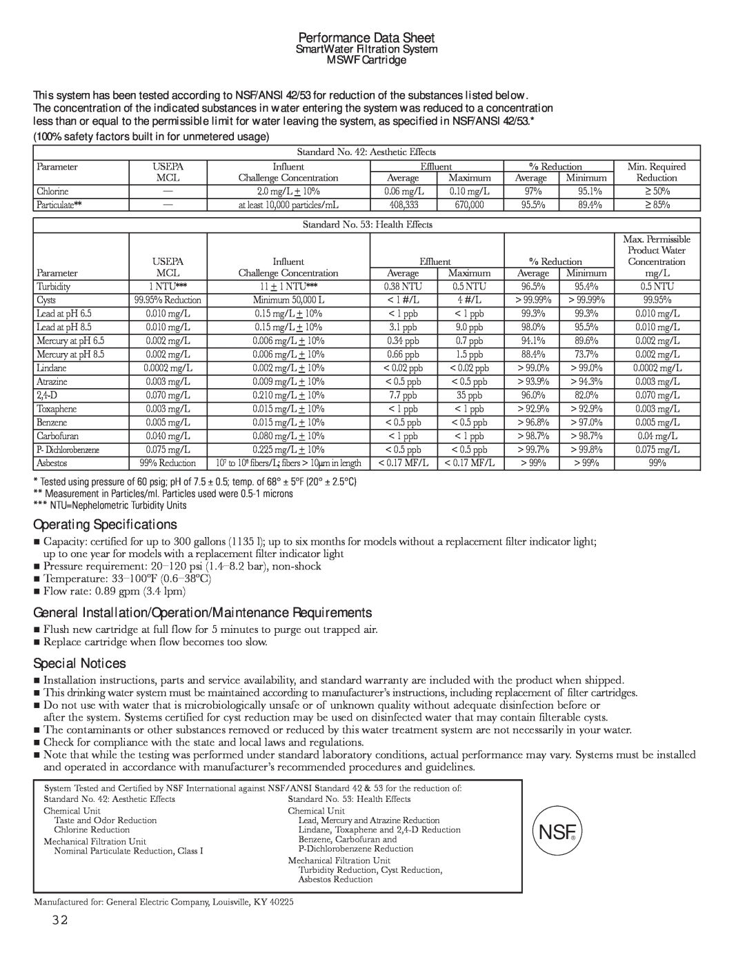 GE 200D8074P044 installation instructions Performance Data Sheet, Operating Specifications, Special Notices 