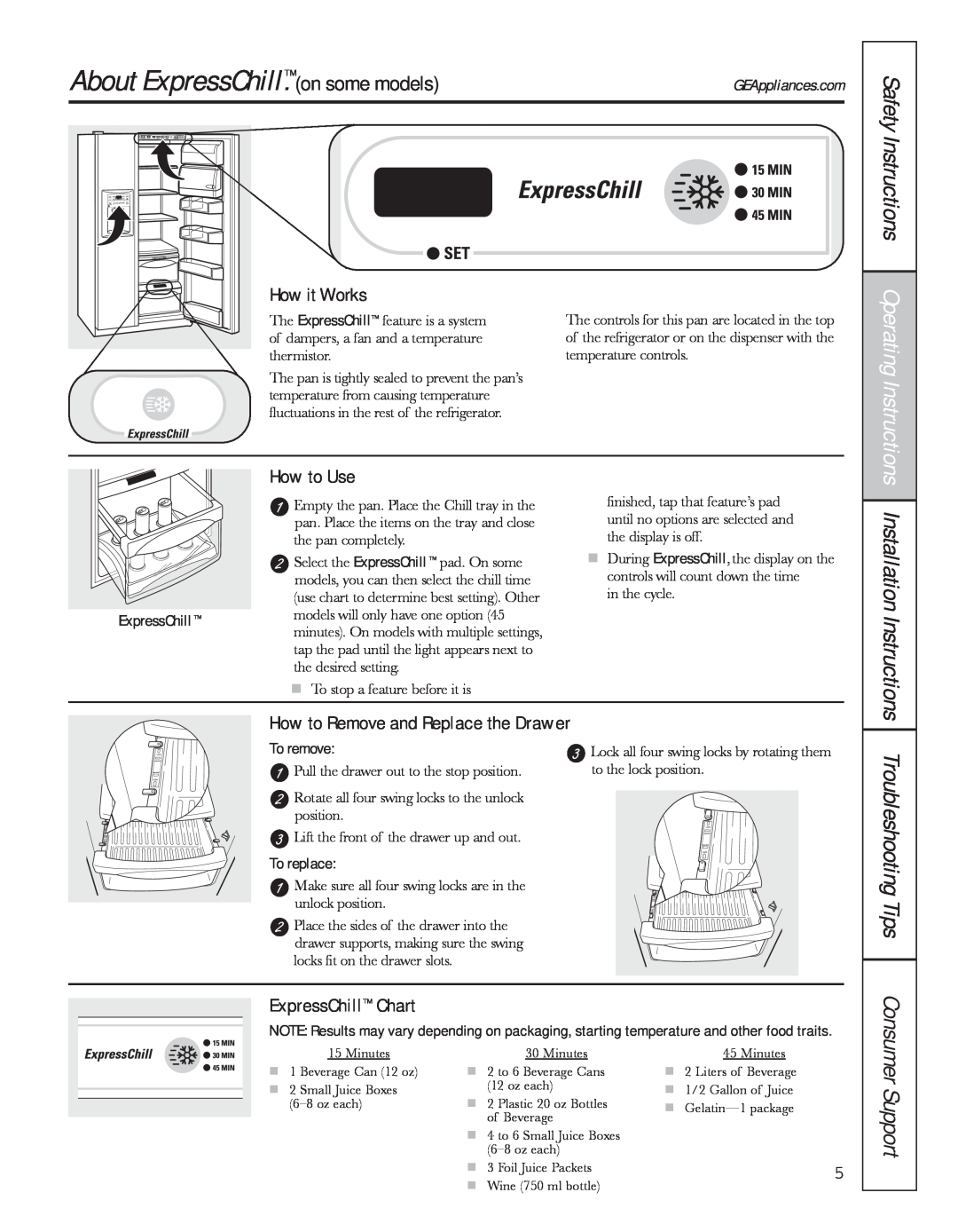 GE 200D8074P044 About ExpressChill.on some models, Safety Instructions, Installation Instructions Troubleshooting Tips 