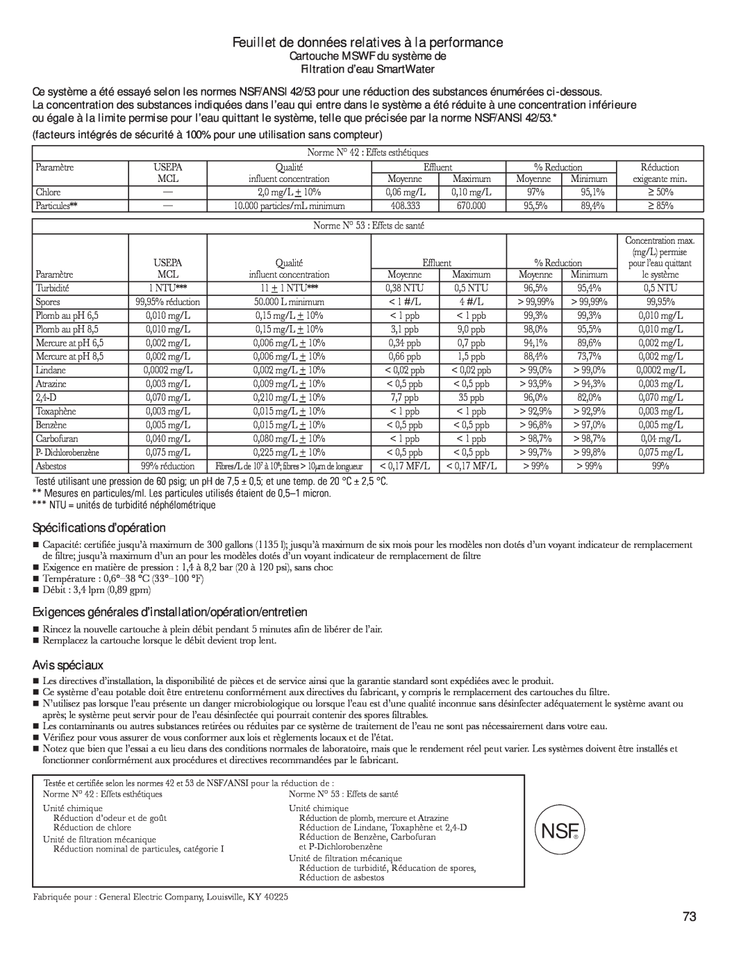 GE 200D8074P044 Feuillet de données relatives à la performance, Spécifications d’opération, Avis spéciaux 