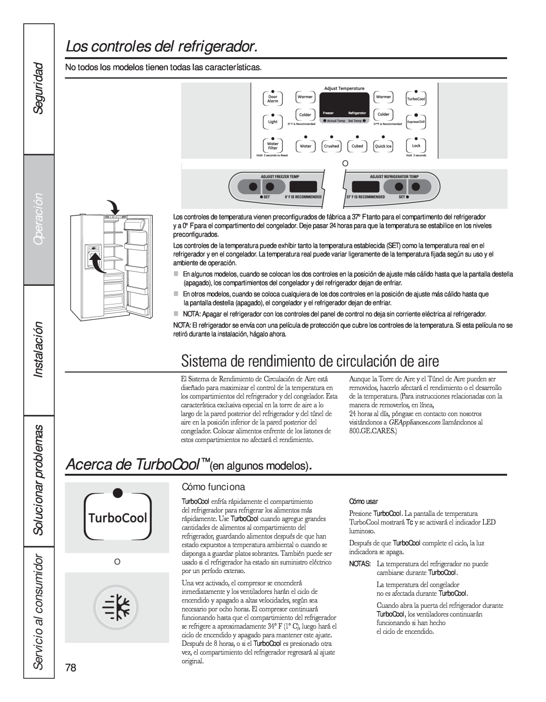 GE 200D8074P044 Los controles del refrigerador, Sistema de rendimiento de circulación de aire, Seguridad, Operación 