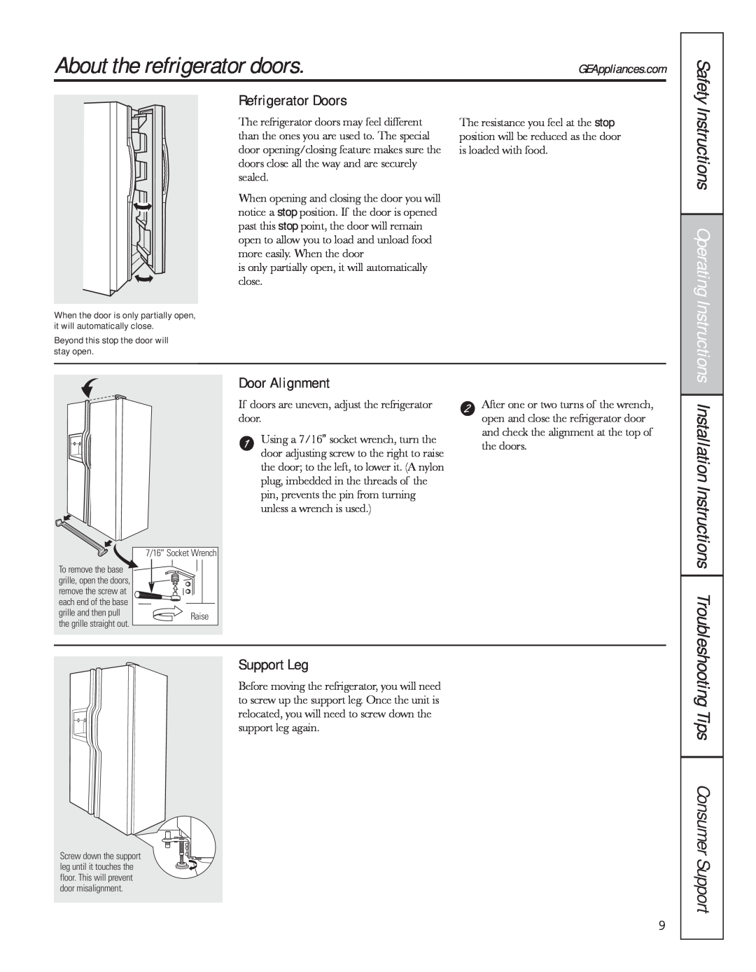 GE 200D8074P044 About the refrigerator doors, Instructions Operating, Tips Consumer Support, Refrigerator Doors 