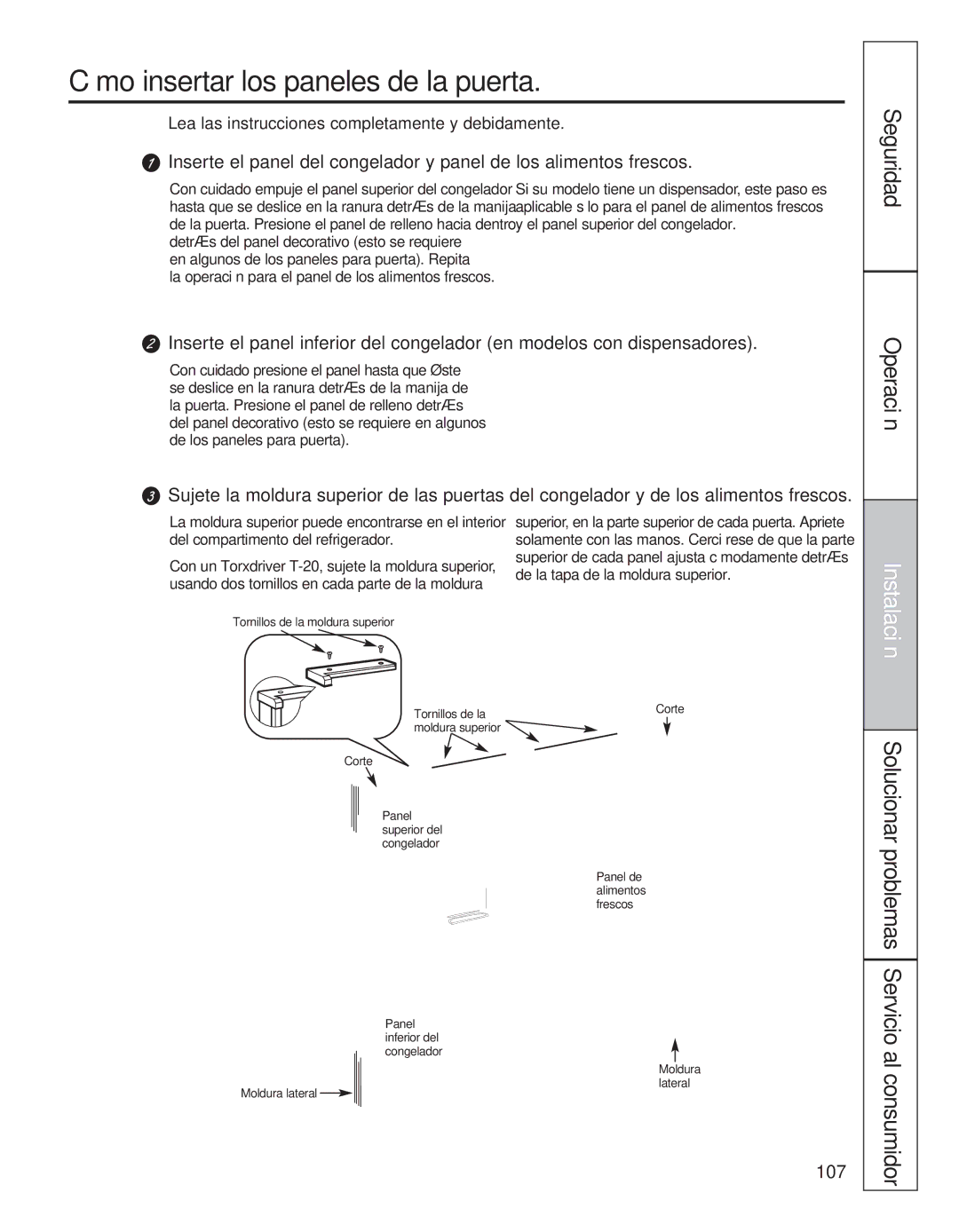 GE 200D8074P050 Cómo insertar los paneles de la puerta, Consumidor, Solucionar problemas Servicio al 